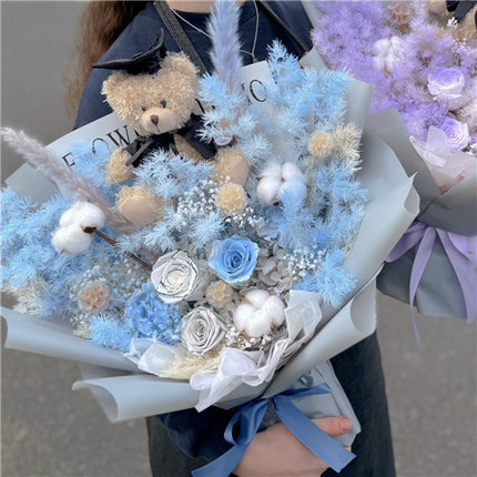 Graduation Flowers丨Blue Preserved Everlasting Dry Flowers & Graduation Teddy Bouquet