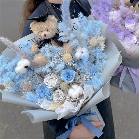 Graduation Flowers丨Blue Preserved Everlasting Dry Flowers & Graduation Teddy Bouquet