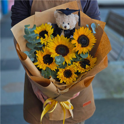 Graduation Flowers丨Sunflowers Fresh Flowers & Graduation Teddy Bouquet #7