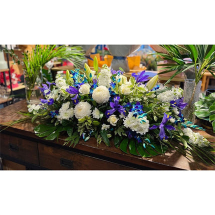 Funeral Casket Spray Flowers #11 80-120cm White & Blue 丨Funeral Flowers delivery Melbourne