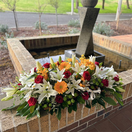 Funeral Casket Spray Flowers #6 80-120cm Yellow & White & Red丨Funeral Flowers delivery Melbourne