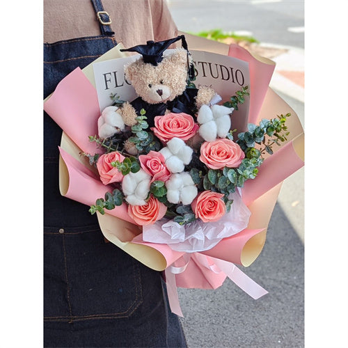 Graduation Flowers丨Pink Roses with Cotton & Graduation Teddy Bouquet #2
