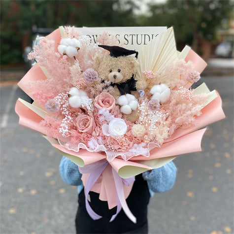 Graduation Flowers丨Pink Preserved Everlasting Flowers & Graduation Teddy Bouquet