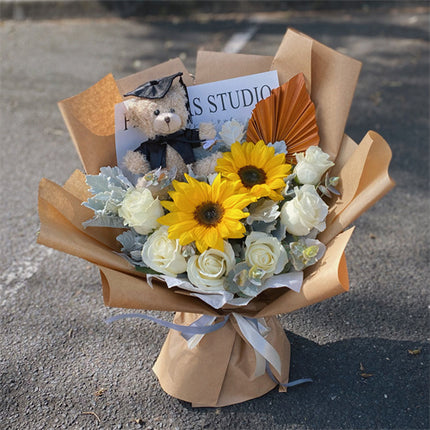 Graduation Flowers丨White Roses & Sunflowers Fresh Flowers & Teddy Bouquet #1