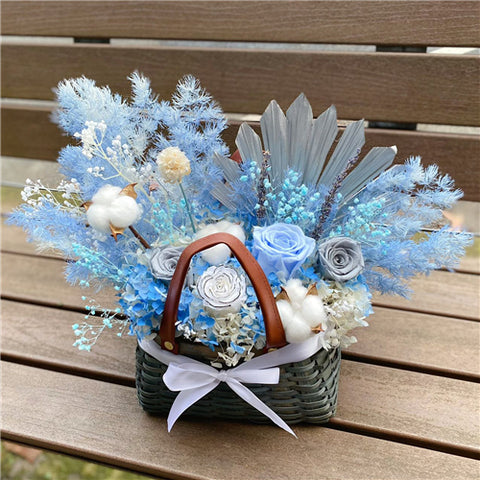 Preserved Flowers Bamboo Basket - Blue