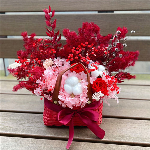 Red Everlasting Preserved Flowers Bamboo Basket丨Preserved Flowers丨Dry Flowers Melbourne