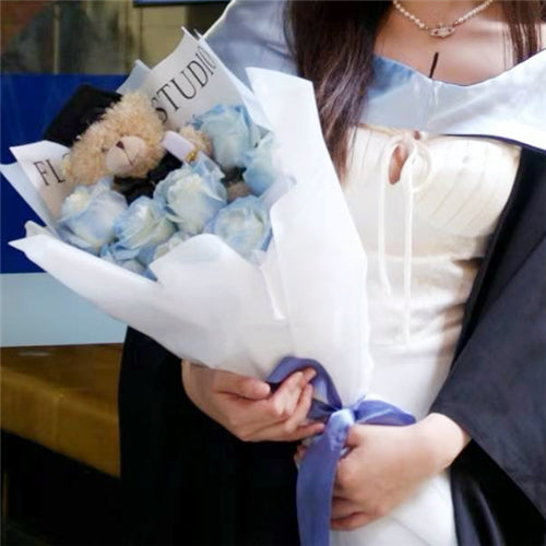 Graduation Flowers丨Ice Blue Roses & Graduation Teddy Bouquet