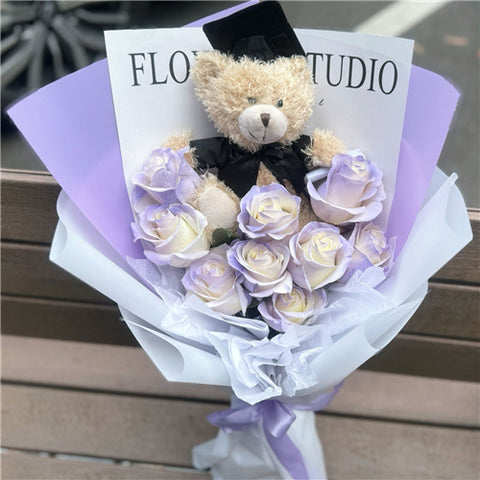 Graduation Teddy & Rose Bouquet #Purple
