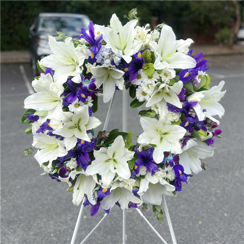 Funeral Wreath #13 White & Blue (Iris)丨Funeral Flowers delivery Melbourne