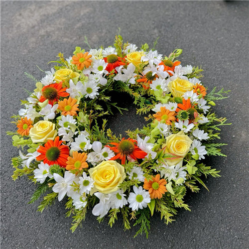 Funeral Wreath #22 Seasonal White & Yellow & Orange丨Funeral Flowers delivery Melbourne