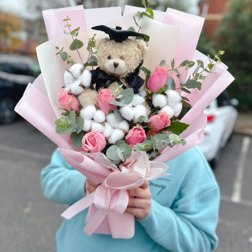 Graduation Flowers丨Pink Roses with Cotton & Graduation Teddy Bouquet #2
