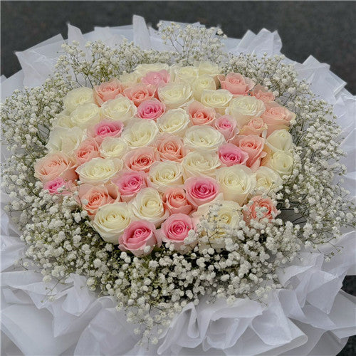 52 Pink & White Roses with Baby's Breaths Bouquet