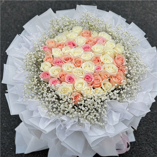 52 Pink & White Roses with Baby's Breaths Bouquet