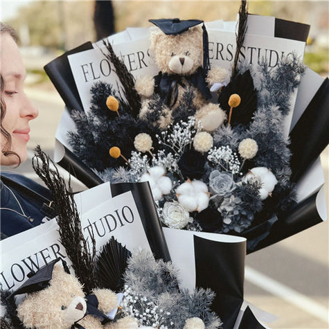 Preserved Flower Bouquet - Graduation Teddy Black Style