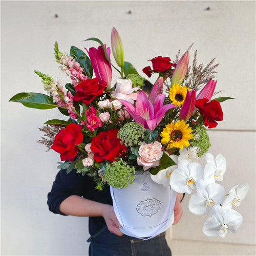 Florist Choice Hat Box Arrangement - Set your Budget & Colour