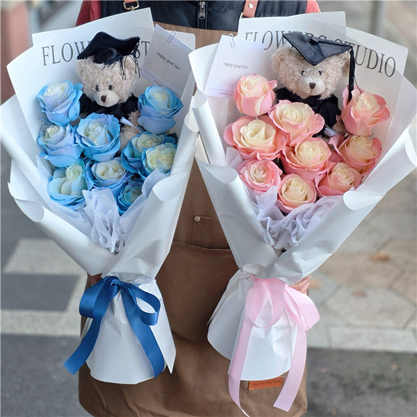 Graduation Flowers丨Ice Blue Roses & Graduation Teddy Bouquet