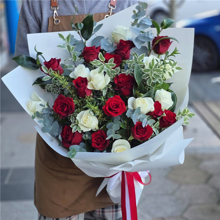 24 White & Red Roses Bouquet