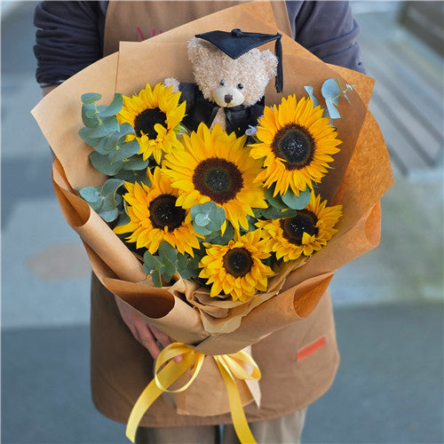 Graduation Flowers丨Sunflowers Fresh Flowers & Graduation Teddy Bouquet #7
