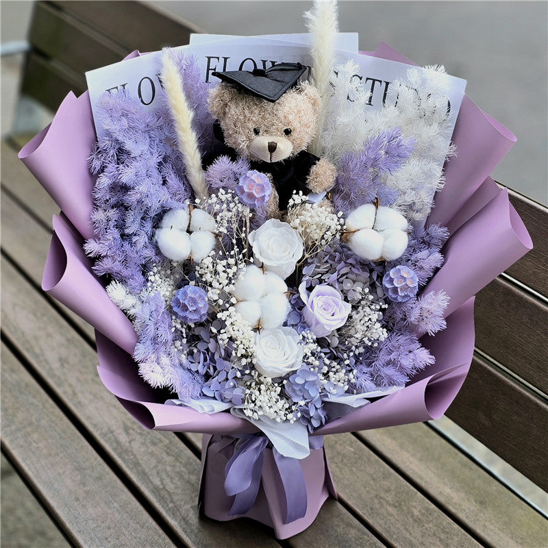 Graduation Flowers丨Purple Preserved Everlasting Flowers & Graduation Teddy Bouquet