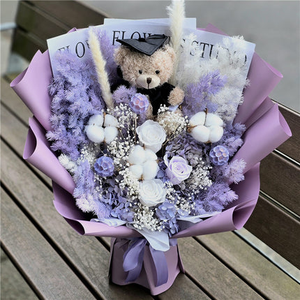 Graduation Flowers丨Purple Preserved Everlasting Flowers & Graduation Teddy Bouquet