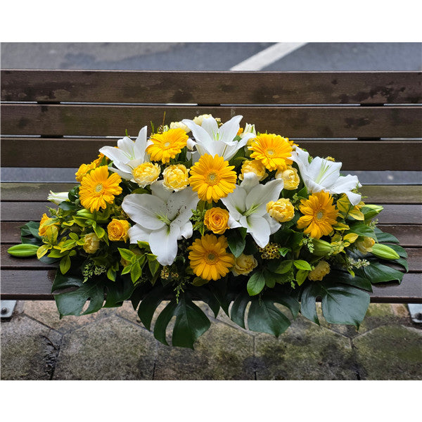Funeral Casket Spray Flowers #16 80-120cm White & Yellow丨Funeral Flowers delivery Melbourne