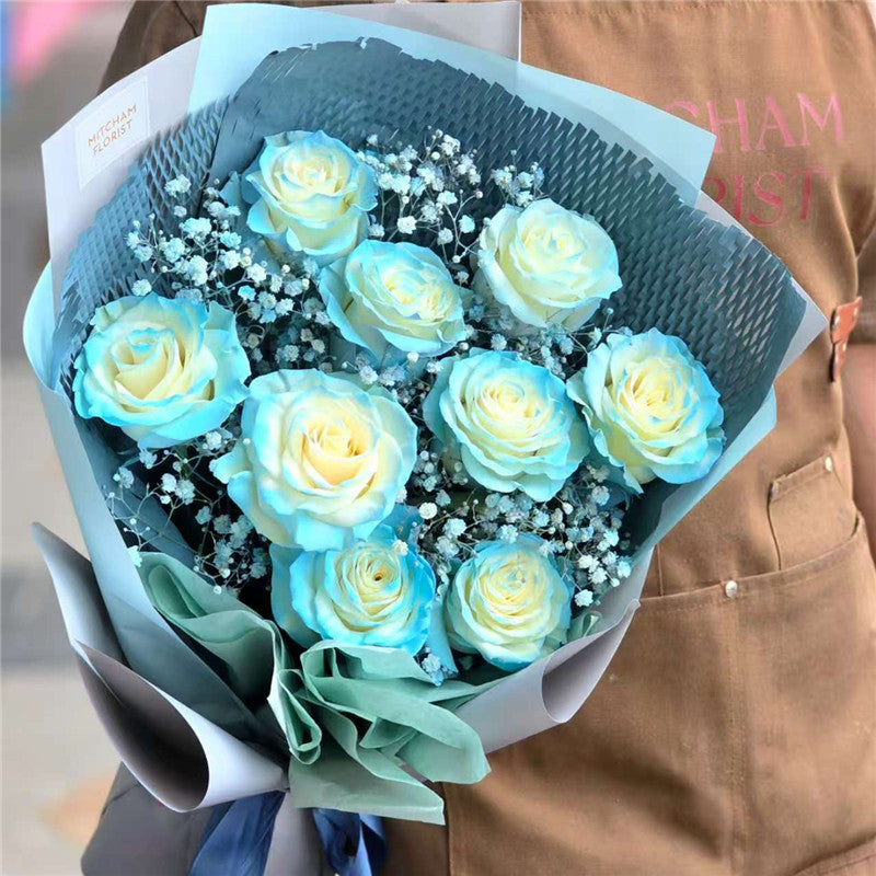 9 Ice Blue Roses & Gyp
