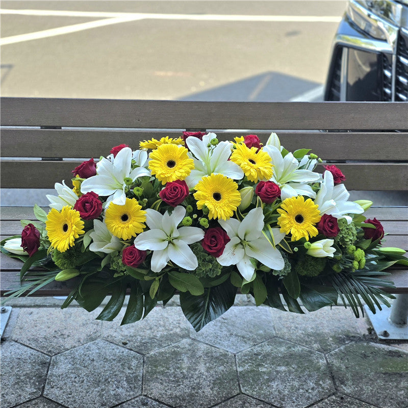 Funeral Casket Spray Flowers #6 80-120cm Yellow & White & Red丨Funeral Flowers delivery Melbourne