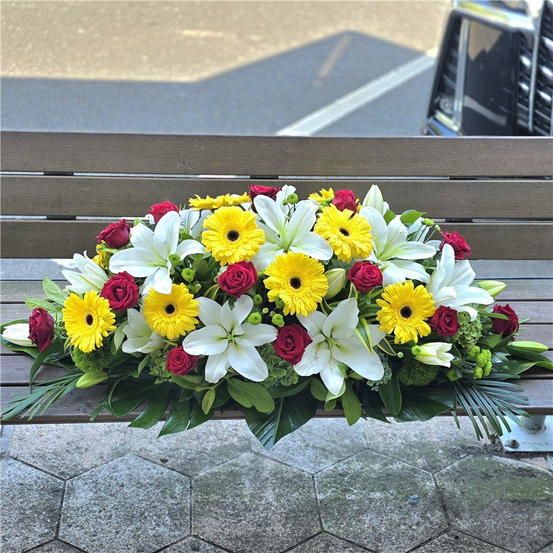 Funeral Casket Spray Flowers #6 80-120cm Yellow & White & Red丨Funeral Flowers delivery Melbourne