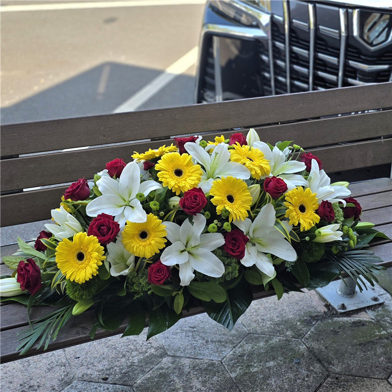 Funeral Casket Spray Flowers #6 80-120cm Yellow & White & Red丨Funeral Flowers delivery Melbourne