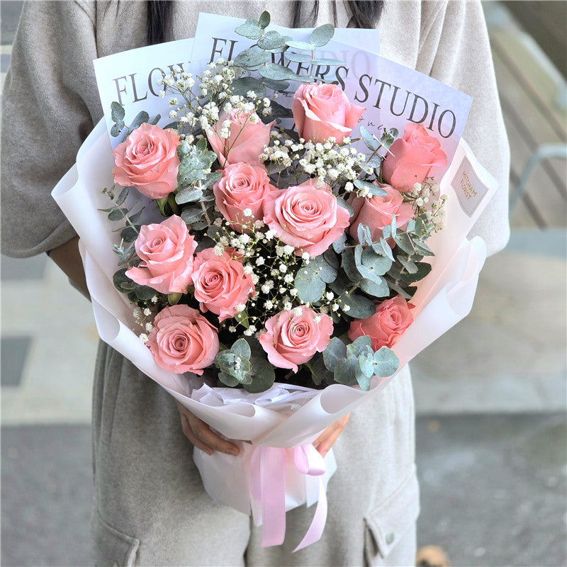 12 Sweet Pink Roses & Gyp Bouquet