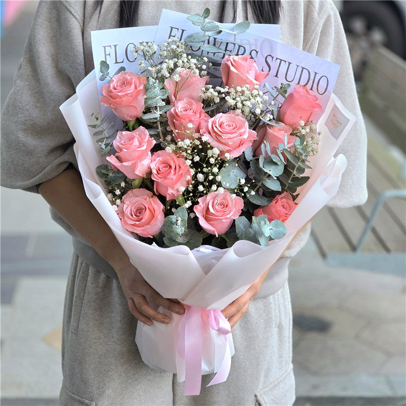 12 Sweet Pink Roses & Gyp Bouquet
