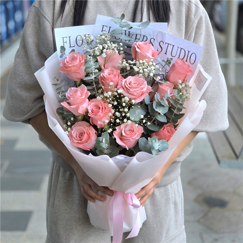 12 Sweet Pink Roses & Gyp Bouquet