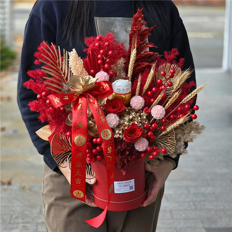 Lucky Cat Everlasting Flowers Hatbox Medium丨招财猫开业抱抱桶中号