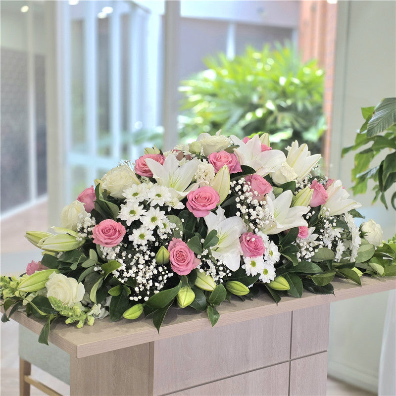 Funeral Casket Spray Flowers #8 80-120cm Pastel Pink & White丨Funeral Flowers delivery Melbourne