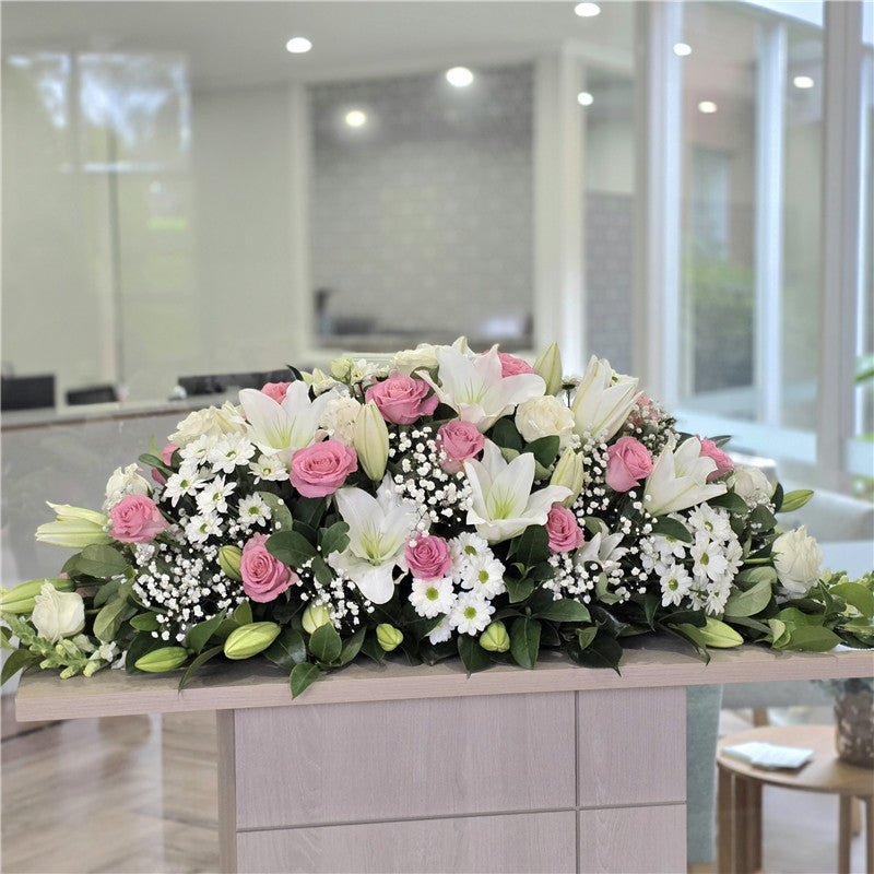 Funeral Casket Spray Flowers #8 80-120cm Pastel Pink & White丨Funeral Flowers delivery Melbourne