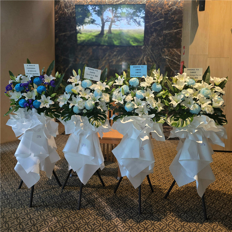 Funeral Flower Stand 1.65m White & Blue | Melbourne Funeral Flowers丨墨尔本葬礼白蓝色系站立式花篮1.65米