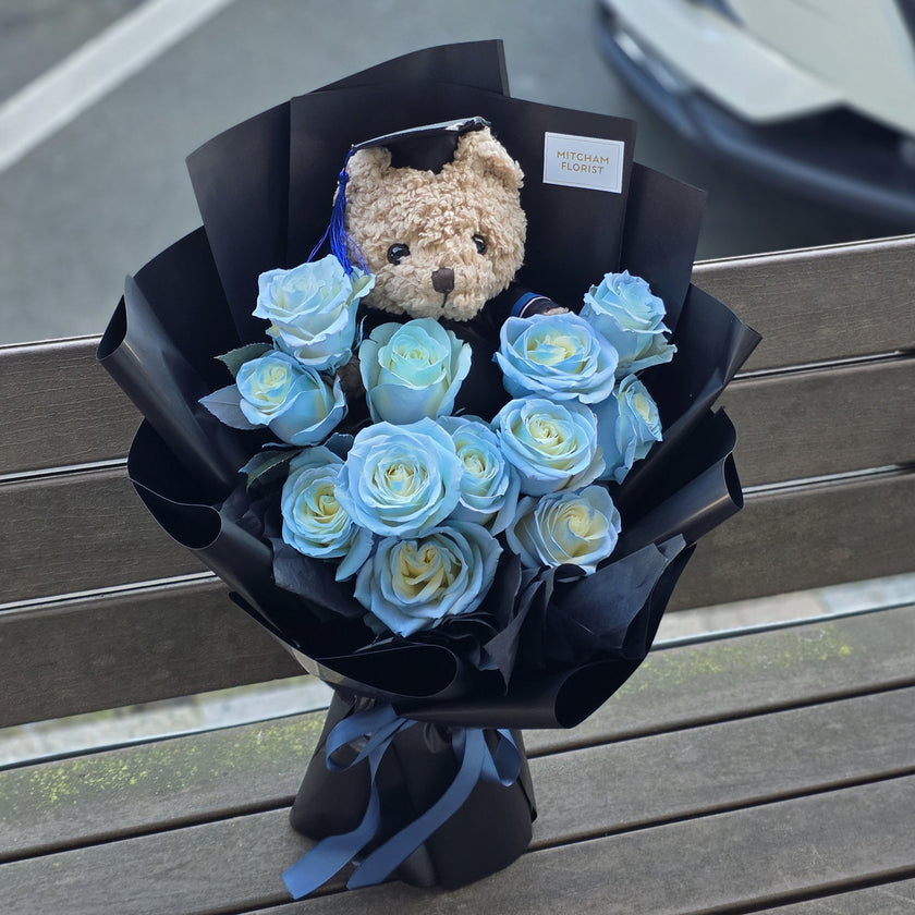 Graduation Flowers丨12 Ice Blue Roses & Graduation Teddy (23cm) Bouquet