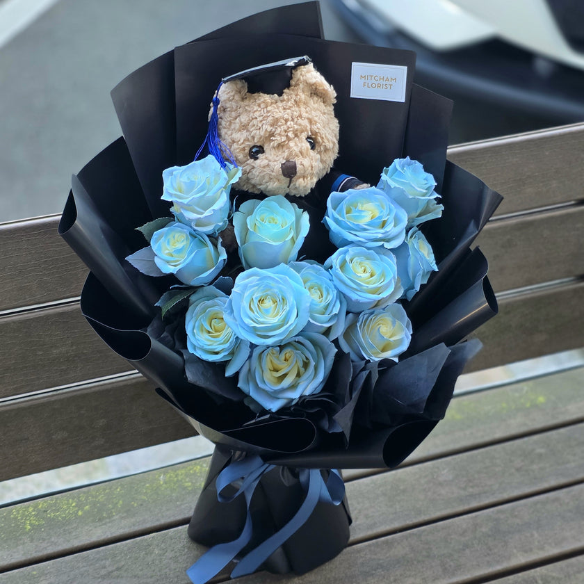 Graduation Flowers丨12 Ice Blue Roses & Graduation Teddy (23cm) Bouquet