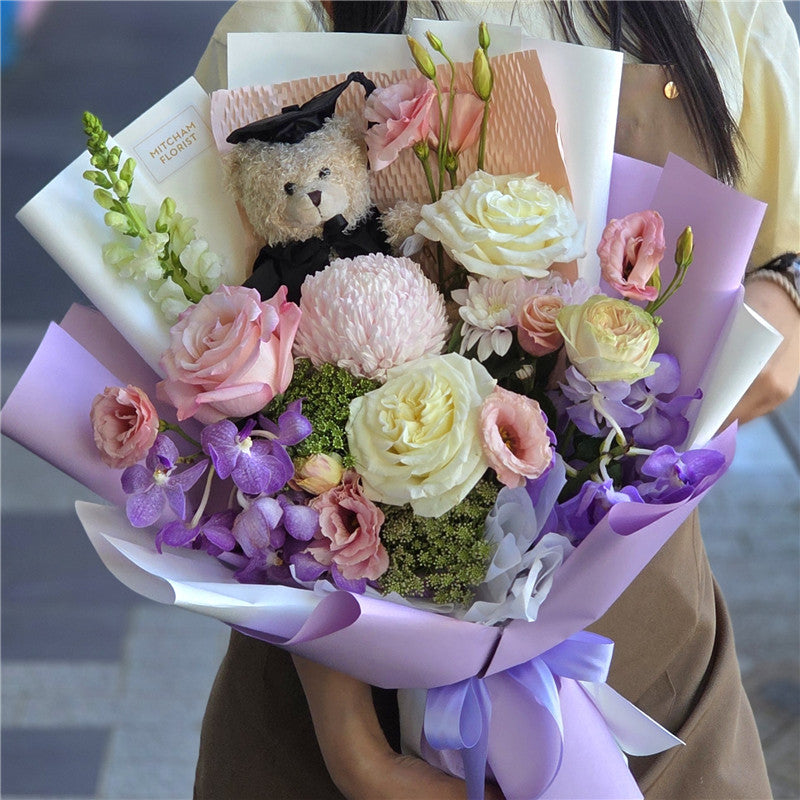 Graduation Flowers丨Pastel Fresh Flowers & Graduation Teddy Bouquet #11