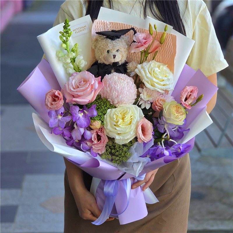 Graduation Flowers丨Pastel Fresh Flowers & Graduation Teddy Bouquet #11