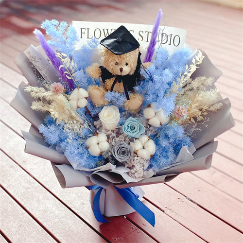 Graduation Flowers丨Blue Preserved Everlasting Dry Flowers & Graduation Teddy Bouquet