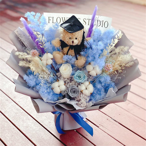 Preserved Flower Bouquet - Graduation Teddy Blue Style
