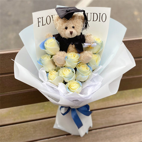 Graduation Teddy & Rose Bouquet #Blue
