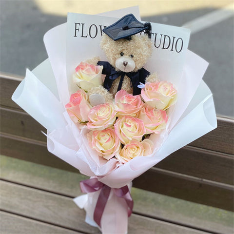 Graduation Teddy & Rose Bouquet #Pink