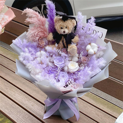 Preserved Flower Bouquet - Graduation Teddy Purple Style