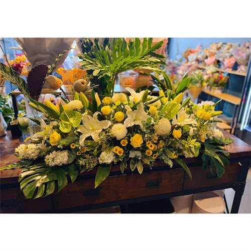 Funeral Casket Spray Flowers #10 80-120cm White & Green & Yellow丨Funeral Flowers delivery Melbourne