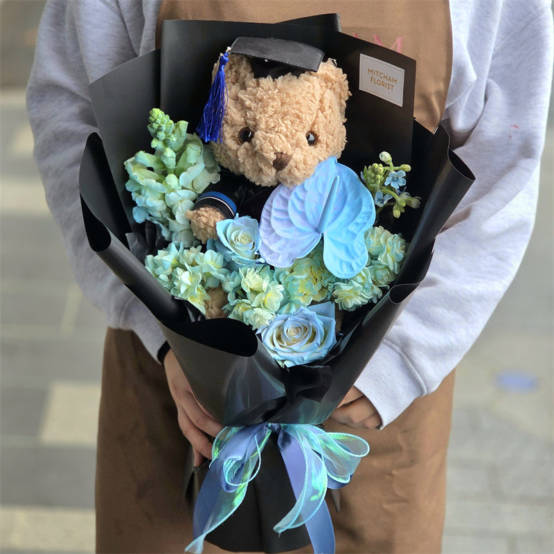 Graduation Flowers丨Ice Blue Fresh Flowers & Graduation Teddy Bouquet #10