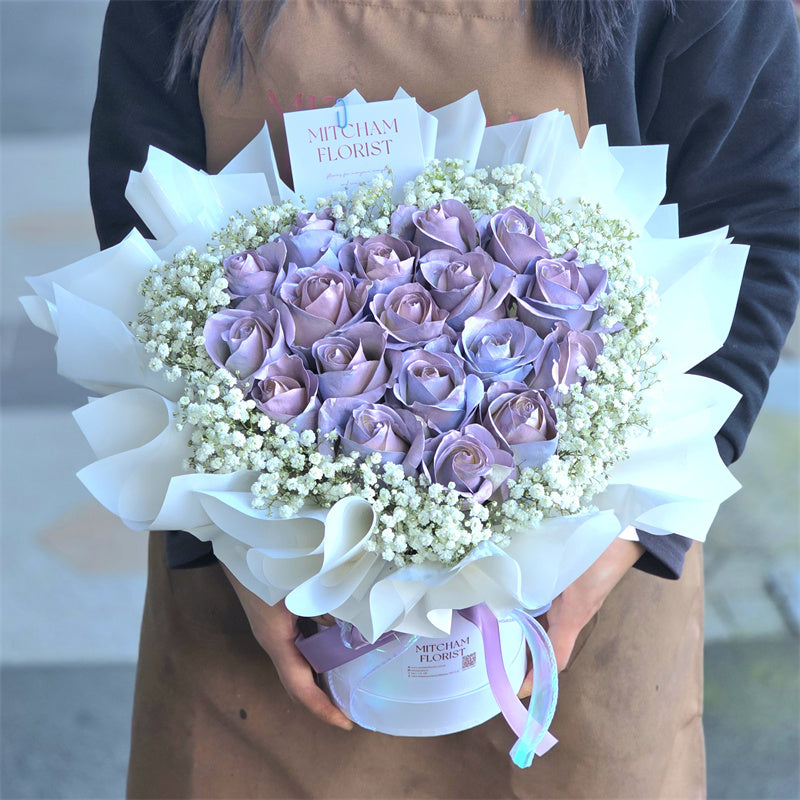 ❤Heart Shape Misty Purple Rose & Gyp Hatbox (Small)