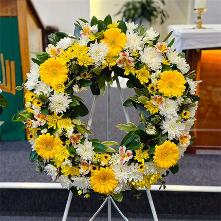 Funeral Wreath #1 White & Yellow Classic丨Funeral Flowers delivery Melbourne