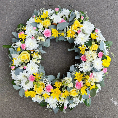 Funeral Wreath #12 White & Yellow & Pink丨Funeral Flowers delivery Melbourne